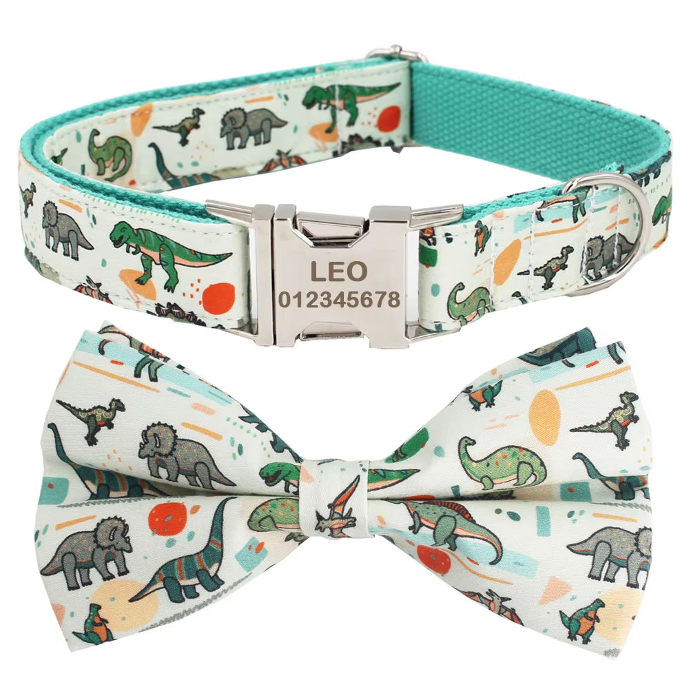 Dinosaur Dog Collar and Leash Set with Bow Tie for Big and Small Dog Cotton Fabric Collar Rose Gold Metal Buckle