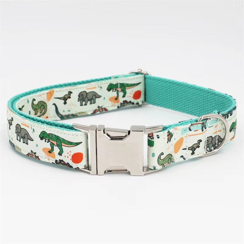 Dinosaur Dog Collar and Leash Set with Bow Tie for Big and Small Dog Cotton Fabric Collar Rose Gold Metal Buckle