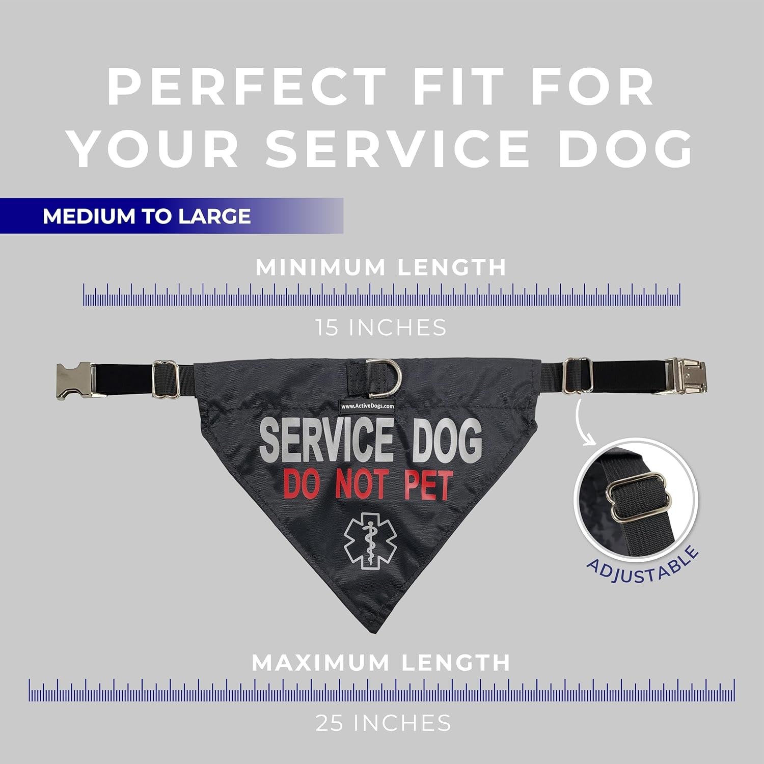 Activedogs Service Dog Bandana Collar - Adjustable Nylon Do Not Pet Service Dog Sash Collar - Durable Center D-Ring & Reflective Medical Insignia for Medium to Large Neck (15"-25")