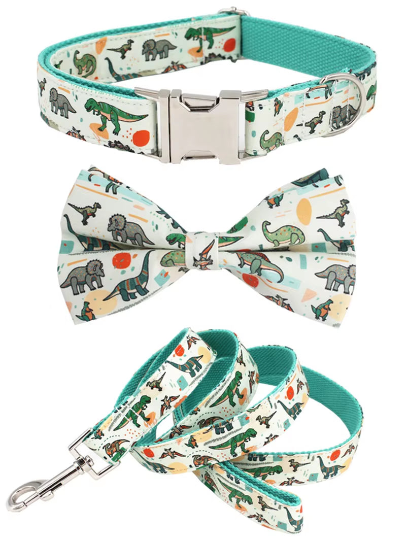 Dinosaur Dog Collar and Leash Set with Bow Tie for Big and Small Dog Cotton Fabric Collar Rose Gold Metal Buckle
