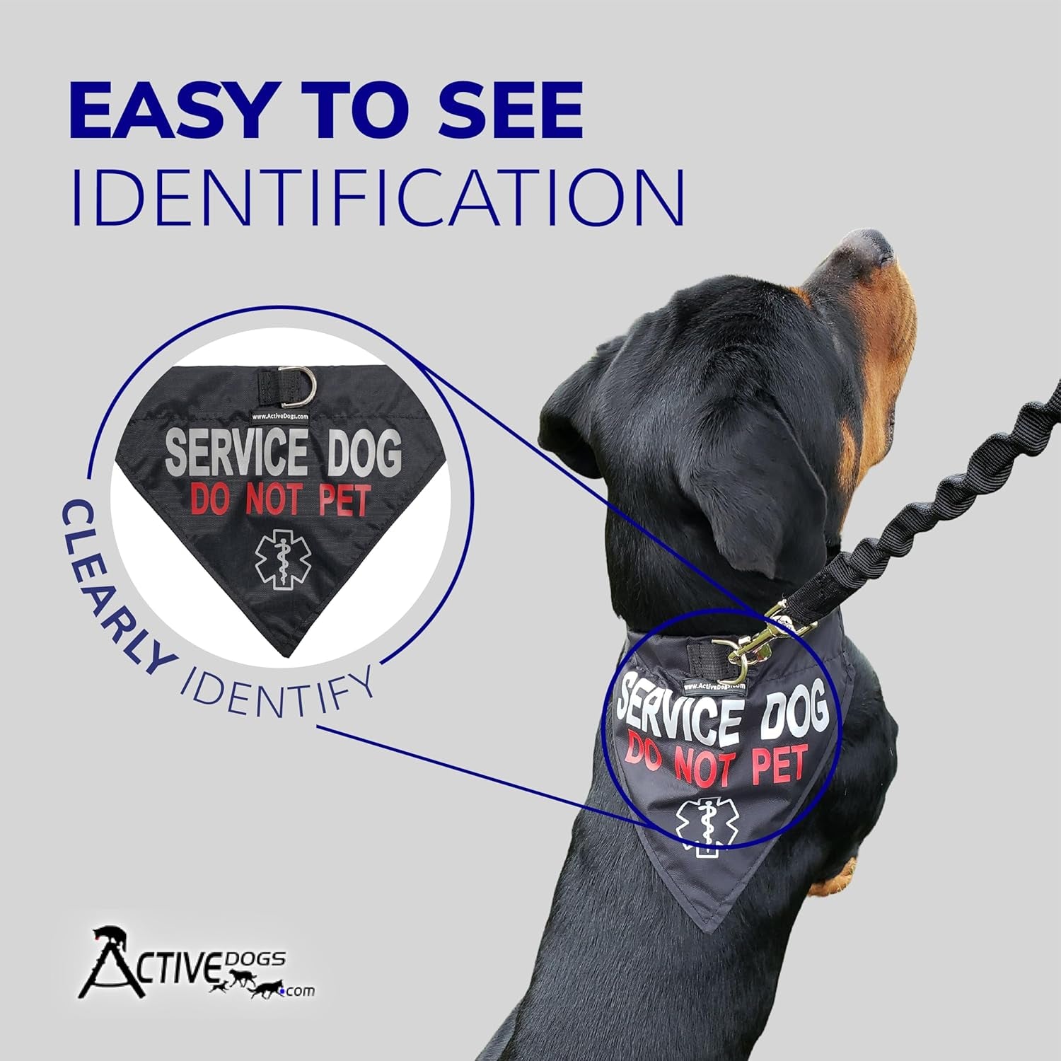 Activedogs Service Dog Bandana Collar - Adjustable Nylon Do Not Pet Service Dog Sash Collar - Durable Center D-Ring & Reflective Medical Insignia for Medium to Large Neck (15"-25")