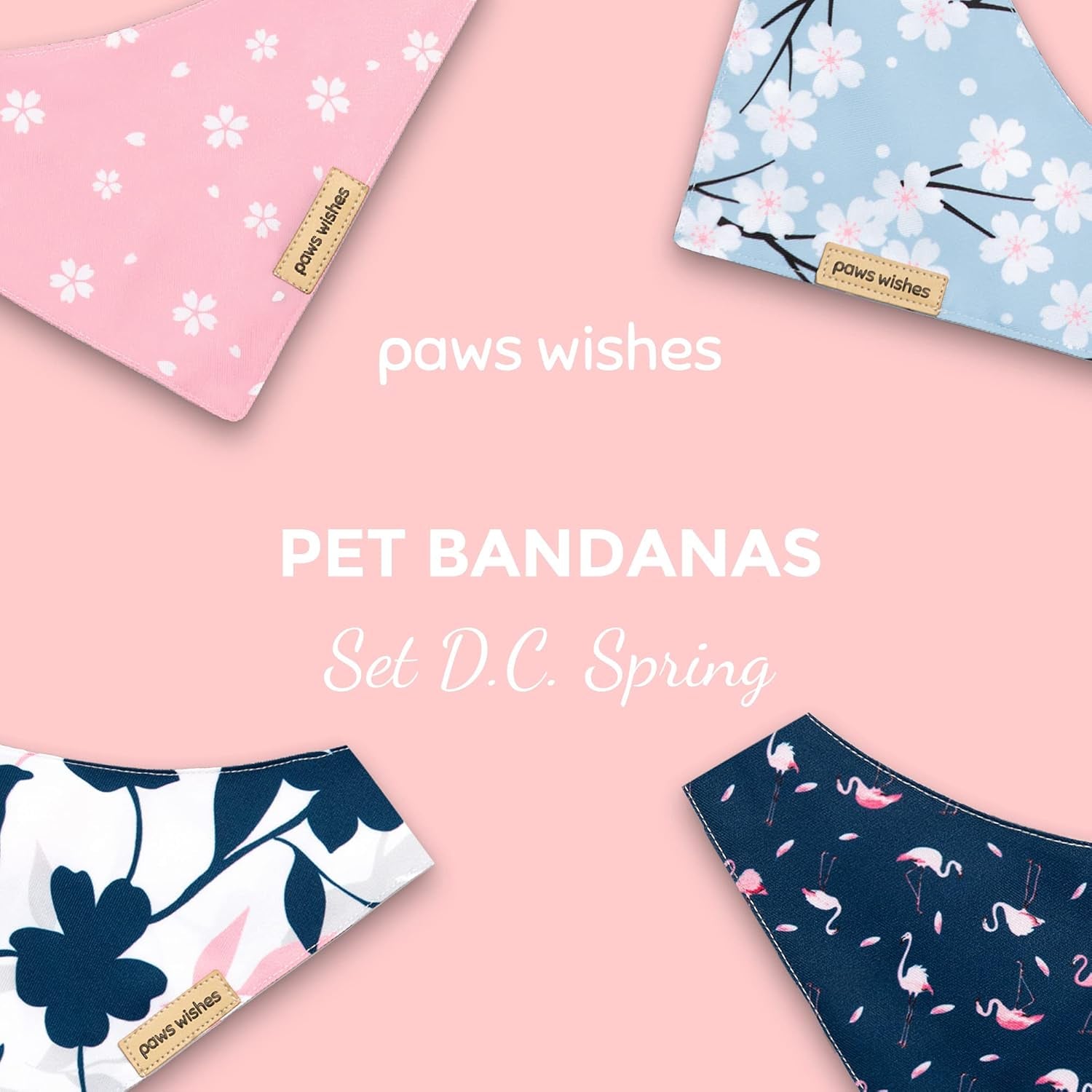 Dog Bandanas 2 Pack, Pet Friendly Shape, Water and Wrinkle Resistant, Set D.C. Spring Flamingo and Plum Blossom, Adjustable Dog Scarfs for Medium Boy Girl Dogs
