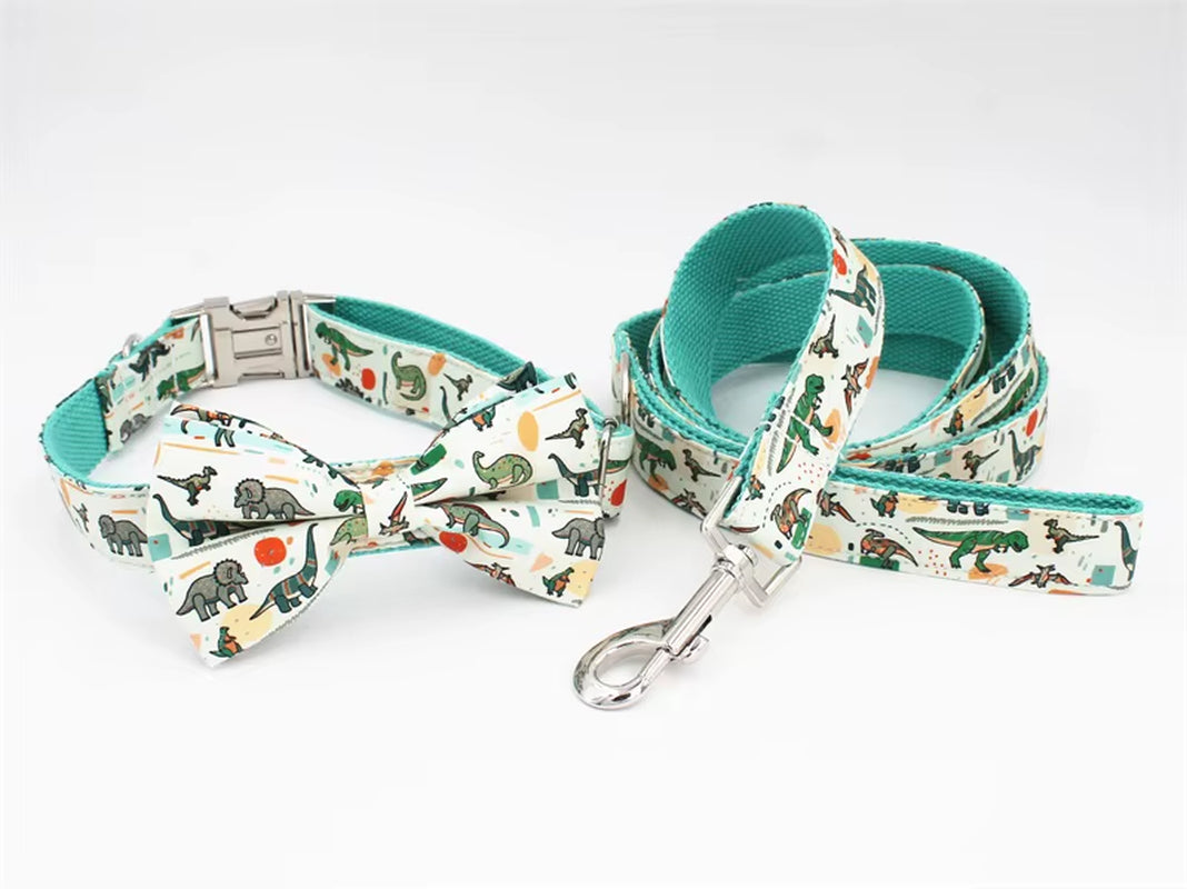 Dinosaur Dog Collar and Leash Set with Bow Tie for Big and Small Dog Cotton Fabric Collar Rose Gold Metal Buckle