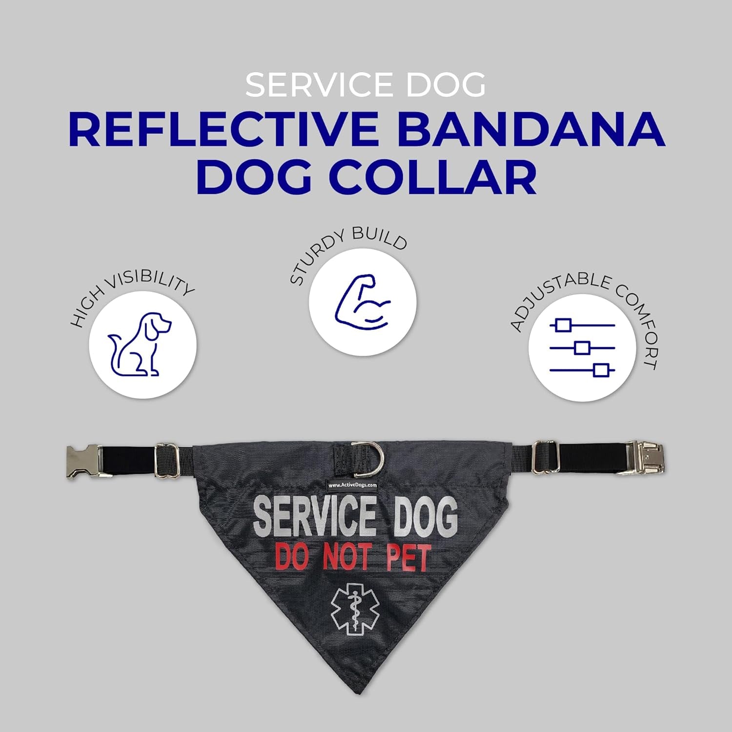 Activedogs Service Dog Bandana Collar - Adjustable Nylon Do Not Pet Service Dog Sash Collar - Durable Center D-Ring & Reflective Medical Insignia for Medium to Large Neck (15"-25")