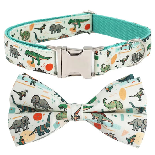 Dinosaur Dog Collar and Leash Set with Bow Tie for Big and Small Dog Cotton Fabric Collar Rose Gold Metal Buckle
