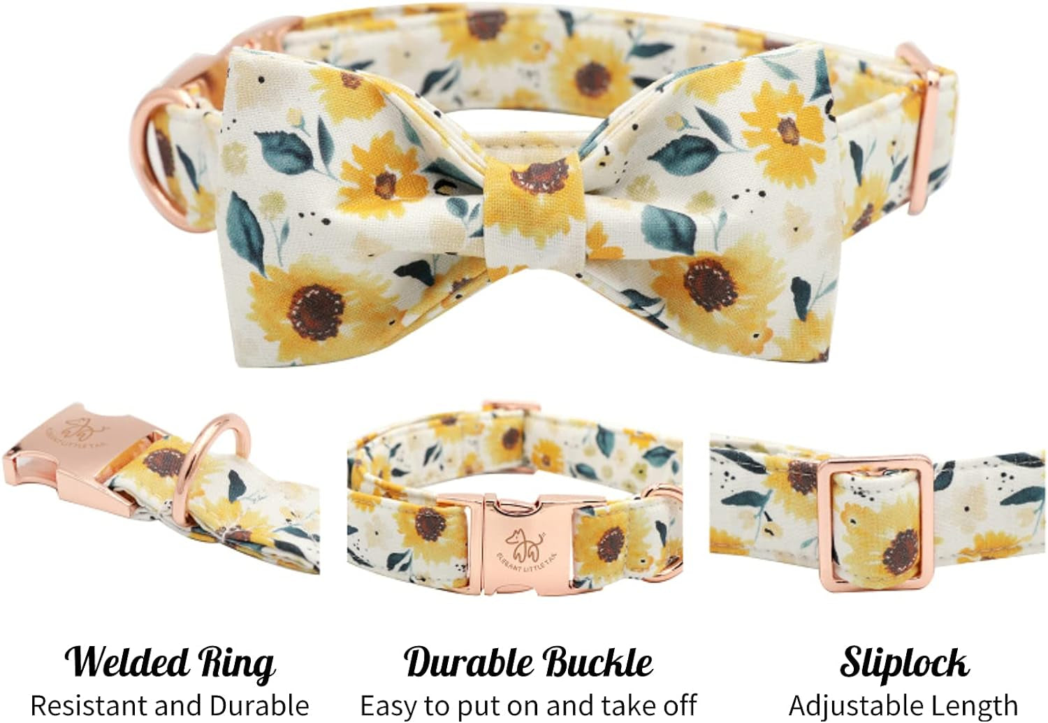 Sunflower Print Dog Collar, Girl Dog Collar with Bow Adjustable Soft Bow Tie Dog Collars for Medium Dogs