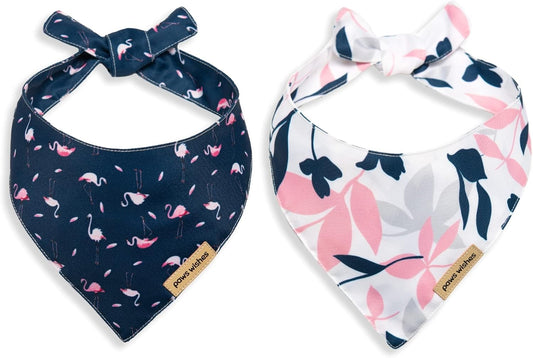 Dog Bandanas 2 Pack, Pet Friendly Shape, Water and Wrinkle Resistant, Set D.C. Spring Flamingo and Plum Blossom, Adjustable Dog Scarfs for Medium Boy Girl Dogs