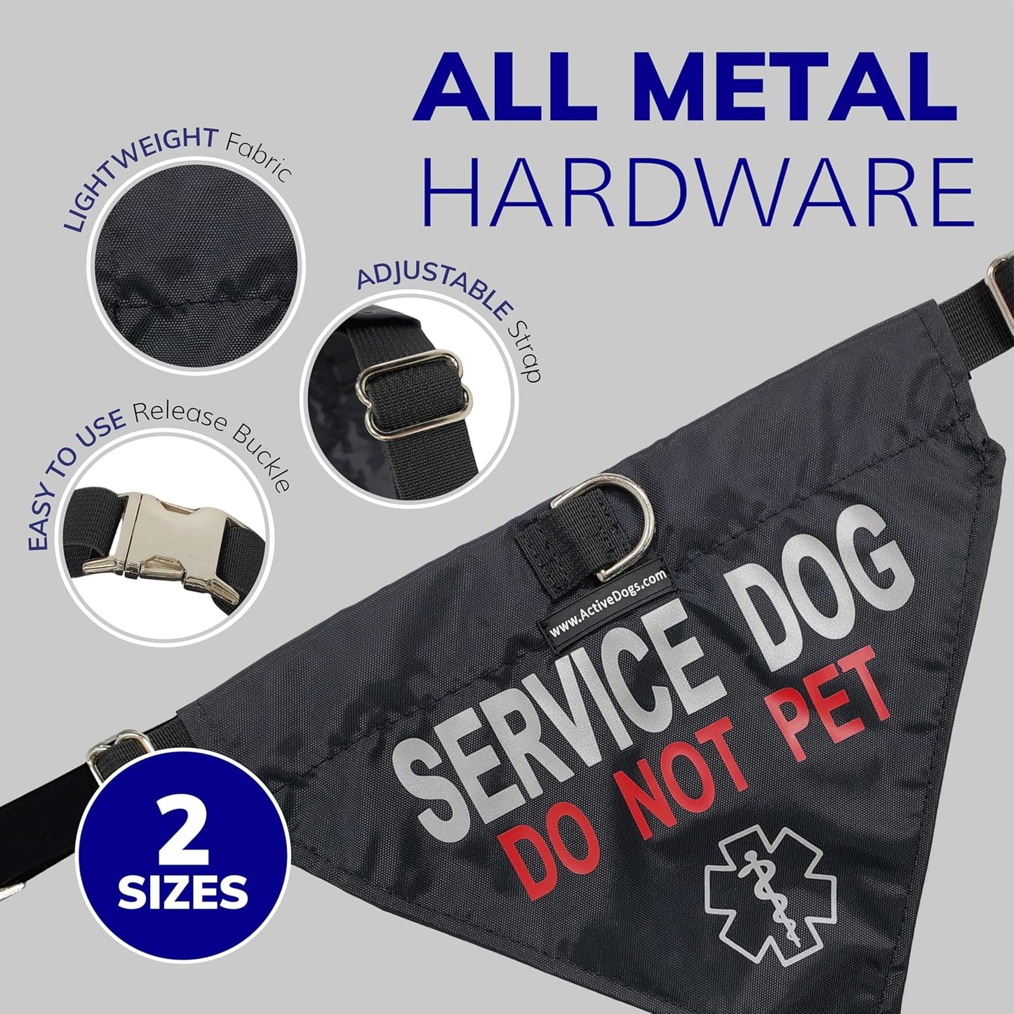 Activedogs Service Dog Bandana Collar - Adjustable Nylon Do Not Pet Service Dog Sash Collar - Durable Center D-Ring & Reflective Medical Insignia for Medium to Large Neck (15"-25")