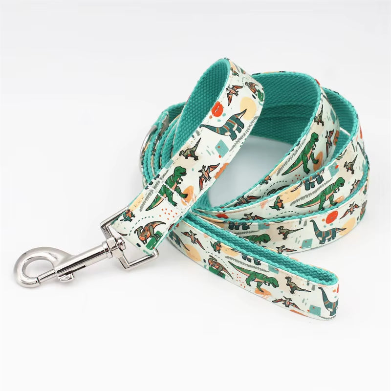 Dinosaur Dog Collar and Leash Set with Bow Tie for Big and Small Dog Cotton Fabric Collar Rose Gold Metal Buckle