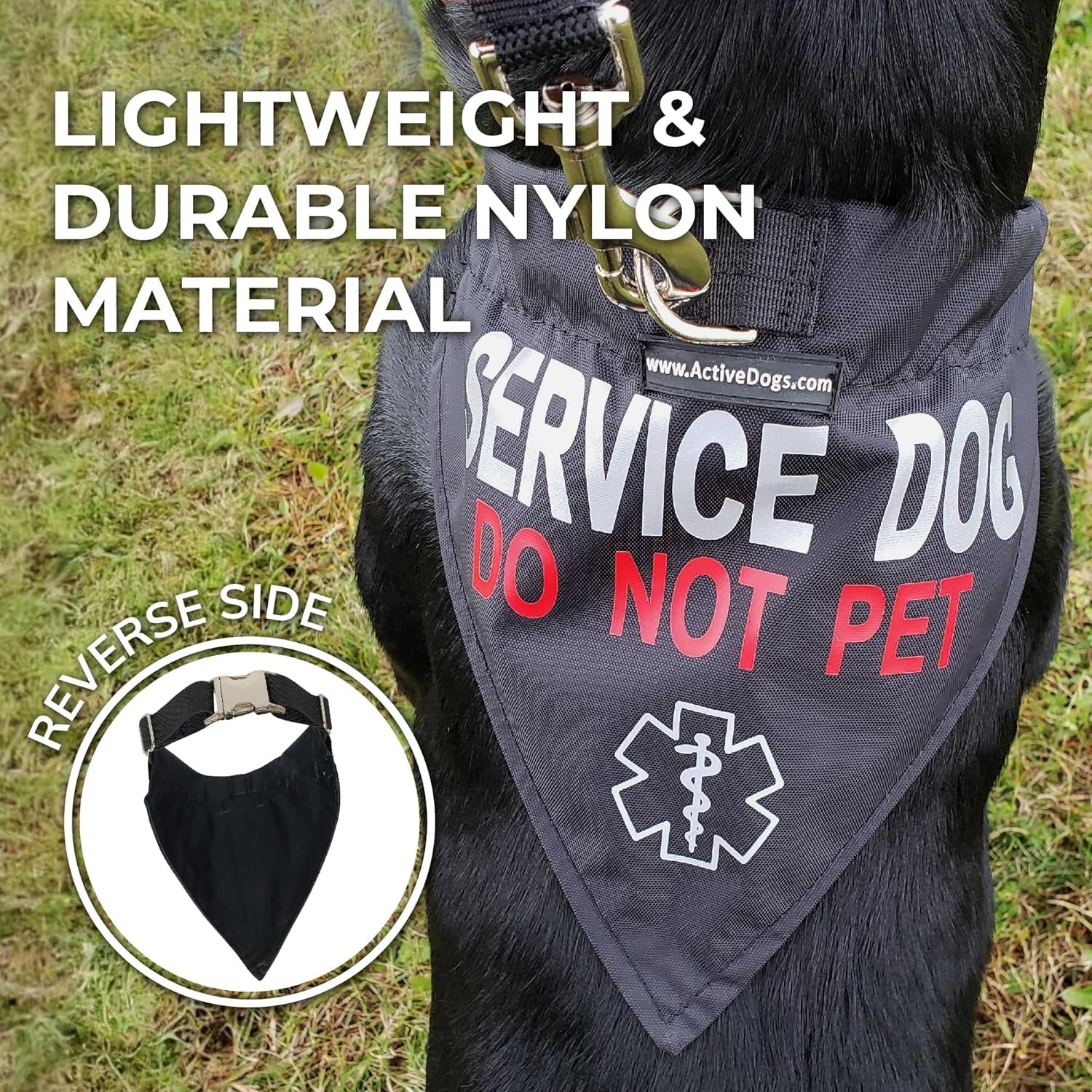 Activedogs Service Dog Bandana Collar - Adjustable Nylon Do Not Pet Service Dog Sash Collar - Durable Center D-Ring & Reflective Medical Insignia for Medium to Large Neck (15"-25")