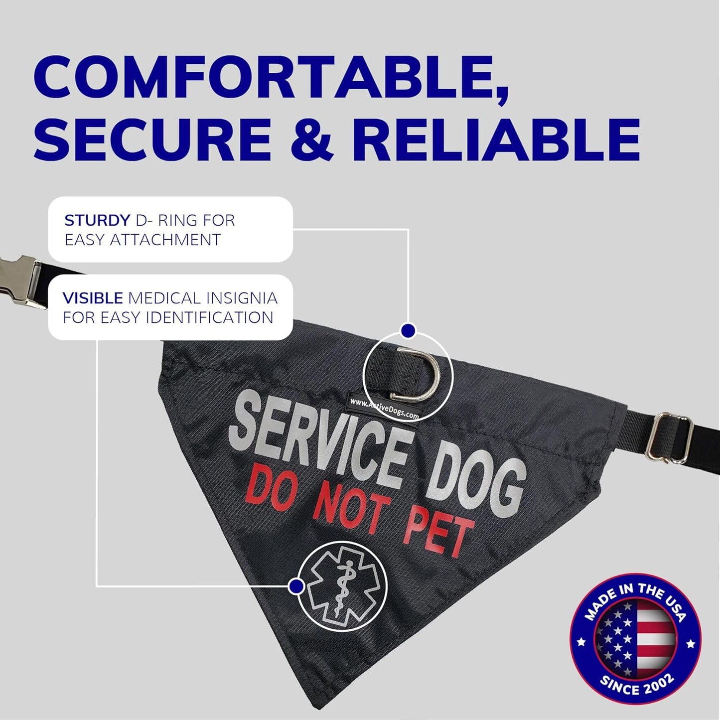 Activedogs Service Dog Bandana Collar - Adjustable Nylon Do Not Pet Service Dog Sash Collar - Durable Center D-Ring & Reflective Medical Insignia for Medium to Large Neck (15"-25")