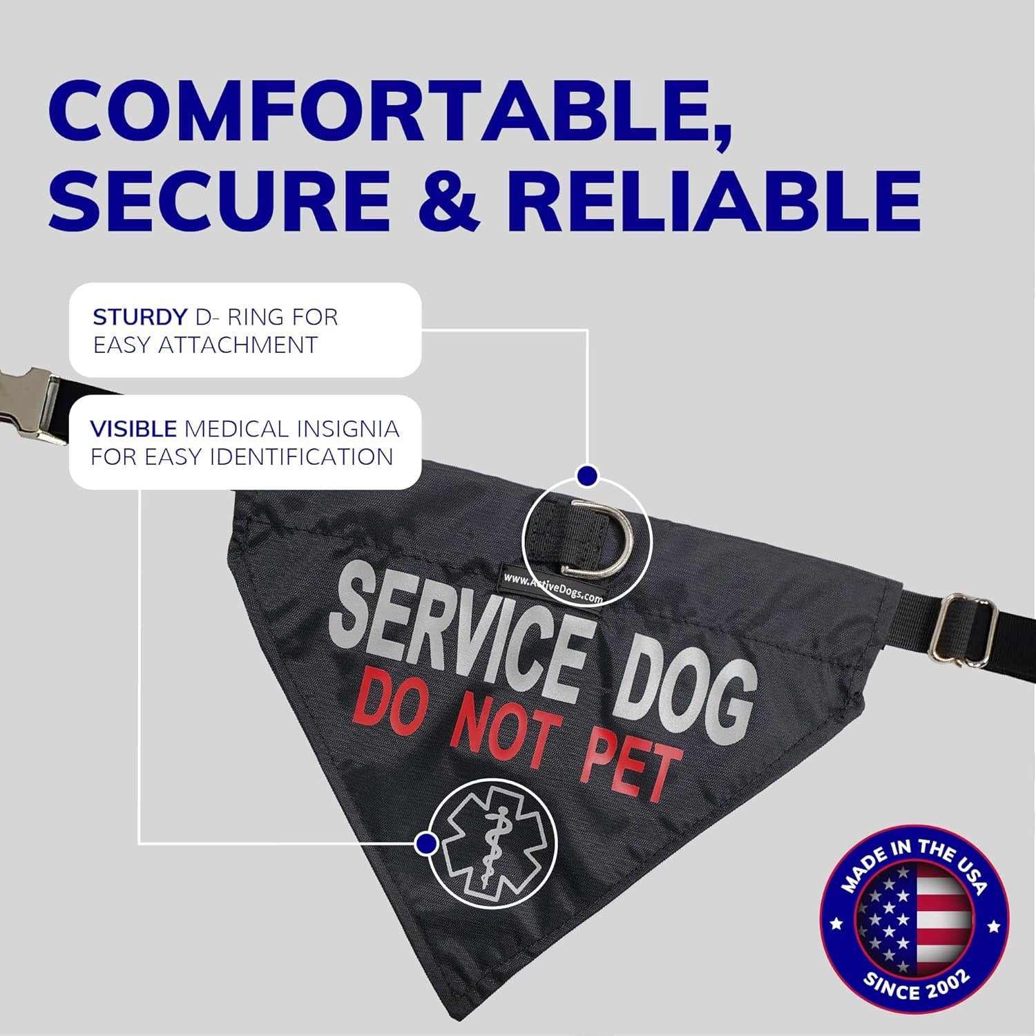 Activedogs Service Dog Bandana Collar - Adjustable Nylon Do Not Pet Service Dog Sash Collar - Durable Center D-Ring & Reflective Medical Insignia for Medium to Large Neck (15"-25")