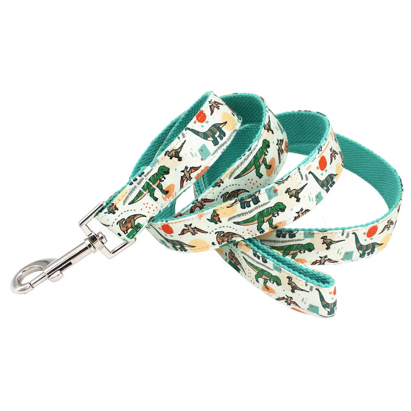 Dinosaur Dog Collar and Leash Set with Bow Tie for Big and Small Dog Cotton Fabric Collar Rose Gold Metal Buckle