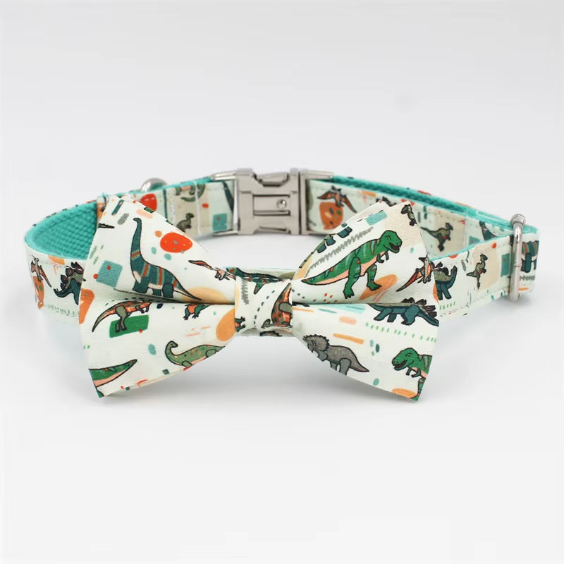 Dinosaur Dog Collar and Leash Set with Bow Tie for Big and Small Dog Cotton Fabric Collar Rose Gold Metal Buckle