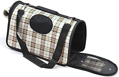 Plaid Pet Outdoor Carrier Soft Sided Cat/Dog Comfort Travel Bag (Beige Plaid - M)