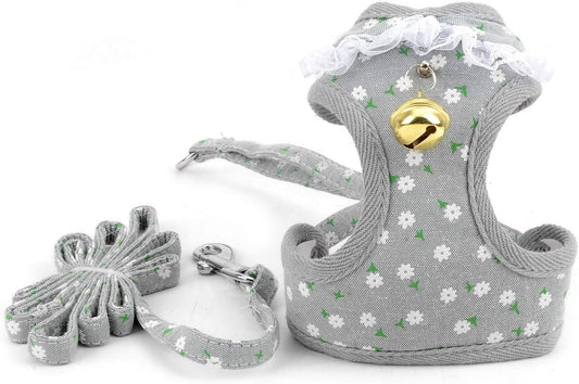 Lace Trim Collar Bell Girls Small Dog Vest Harness and Leash Set for Walking Escape Proof Kitten Cat Harness No Pull Soft Mesh Padded Adjustble Puppy Summer Clothes,Grey Flowers,Small