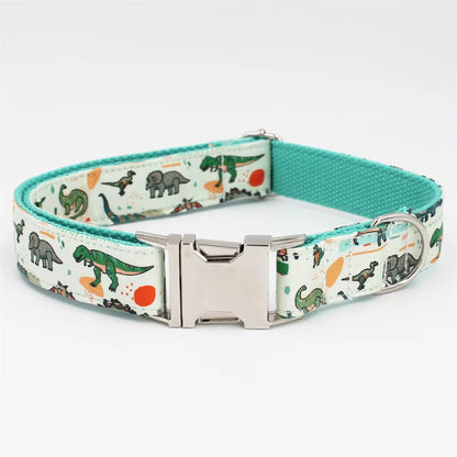 Dinosaur Dog Collar and Leash Set with Bow Tie for Big and Small Dog Cotton Fabric Collar Rose Gold Metal Buckle