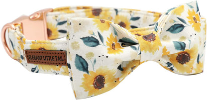 Sunflower Print Dog Collar, Girl Dog Collar with Bow Adjustable Soft Bow Tie Dog Collars for Medium Dogs