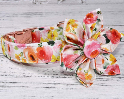 Pink Yellow Watercolour Floral Dog Collar Flowers Leash Accessory, Detachable Flower, Adjustable Collar for Small Medium Large Girl Dogs, L (14 --23 In)