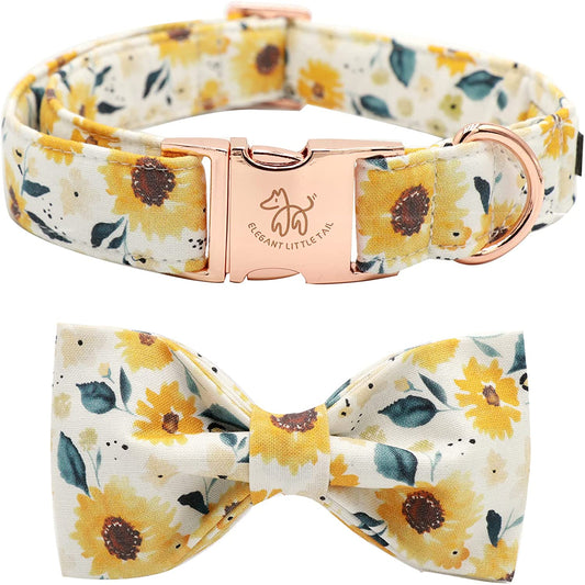 Sunflower Print Dog Collar, Girl Dog Collar with Bow Adjustable Soft Bow Tie Dog Collars for Medium Dogs