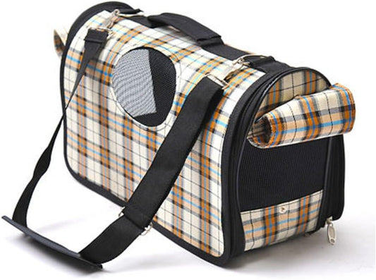 Plaid Pet Outdoor Carrier Soft Sided Cat/Dog Comfort Travel Bag (Beige Plaid - M)