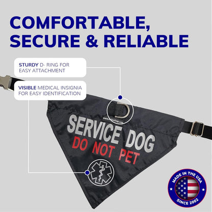 Activedogs Service Dog Bandana Collar - Adjustable Nylon Do Not Pet Service Dog Sash Collar - Durable Center D-Ring & Reflective Medical Insignia for Medium to Large Neck (15"-25")