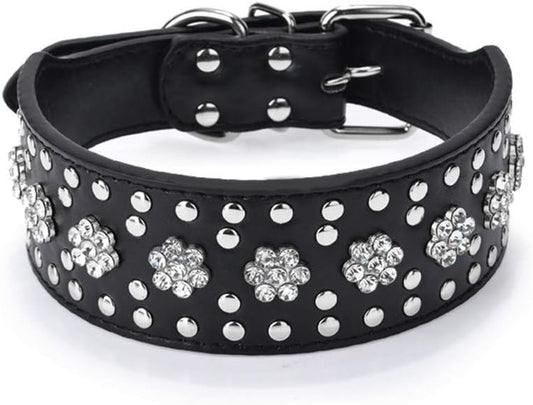 Rhinestones Dog Collars Flower Pattern Rhinestone Studded Leather Sparkly Crystal Diamonds Dazzling Sparkling Elegant Fancy PU Leather Dog Collar for Medium & Large Dogs(Black,M)